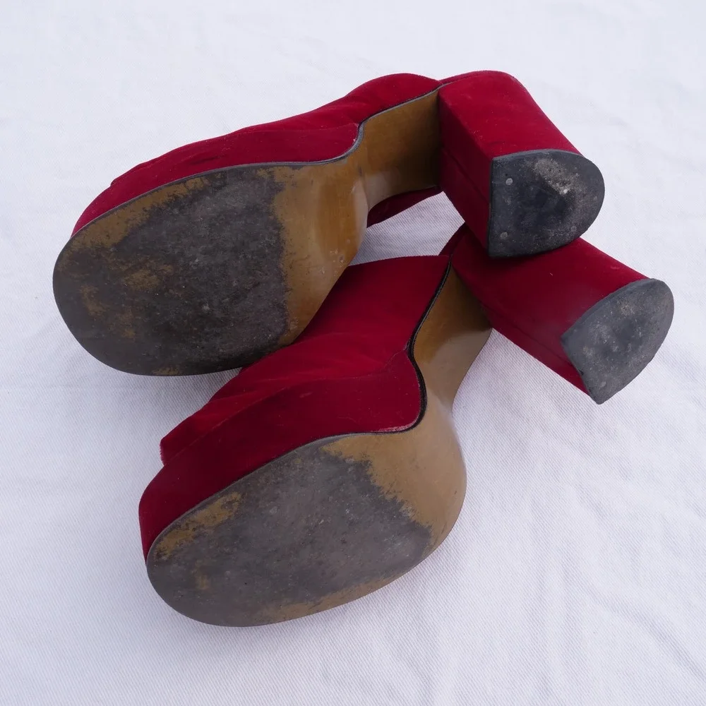 True vintage 1970s Montgomery Ward red velvet open toe platforms mules